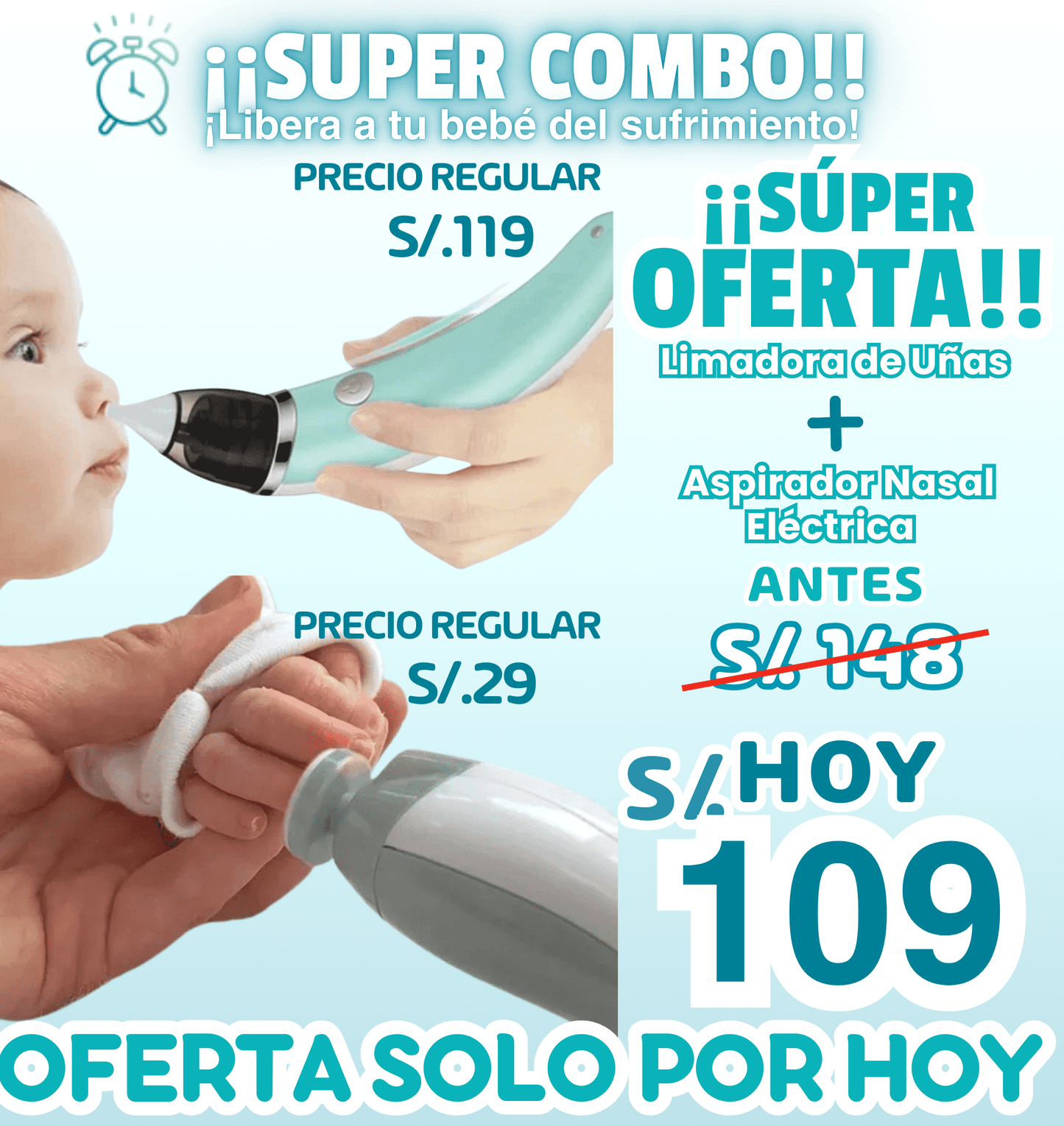 Súper Combo eléctrico de bebé (Aspirador Nasal + Limador)